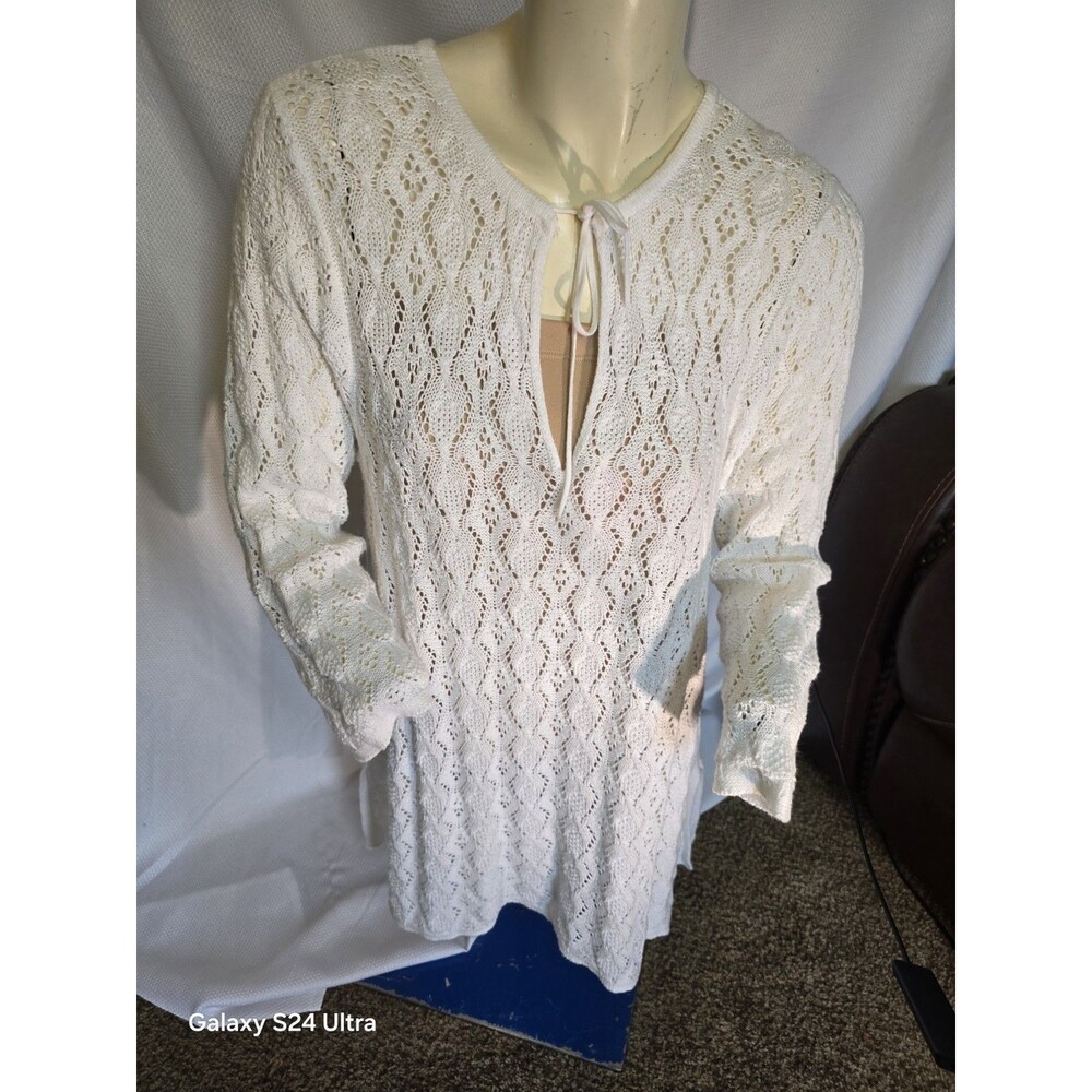 Jeanne Pierre Women Knit Sweater Ivory Cover Cotton White Crochet Lace Size L